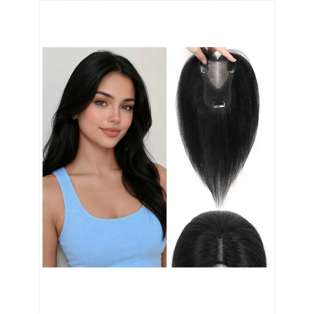 OOPPOO Black Human Hair Topper 360 3D Cover Side Bangs Thinning Crown Hairpiece